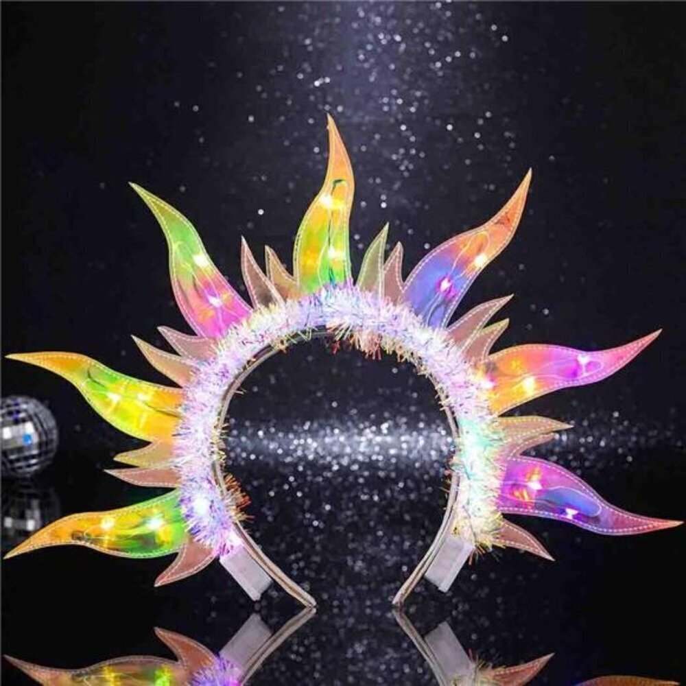 Sunburst Flame Headband – Festival, Rave, Large Fiery Sun Crown Party Costumes